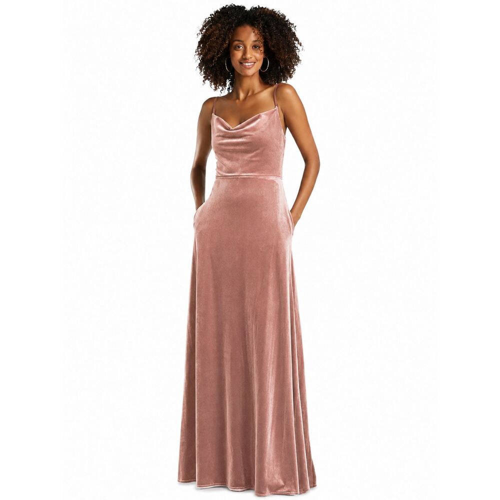 Dessy After Six Velvet Long Bridesmaid Dress Rose Cowl Neck Pockets